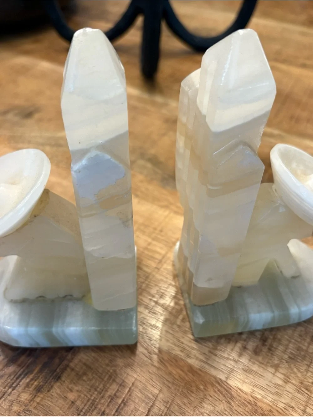 Polished White Onyx Decorative Obelisk Bookends - Neutral Home Accents